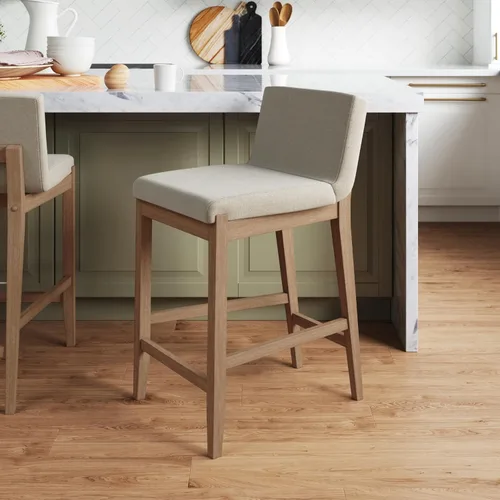 Miniatura 14 de Nathan James - Gracie - Moderno taburete alto con respaldo, silla alta tapizada con lino texturizado natural y patas de madera cepillada - Marrón