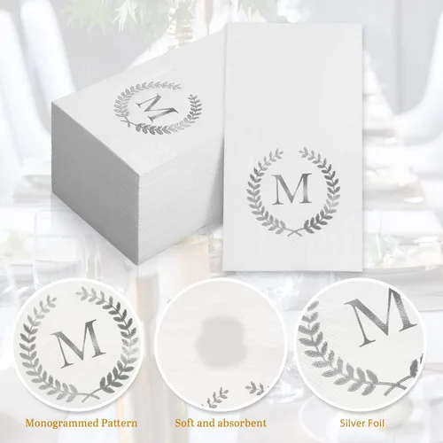 Miniatura 4 de Paquete de 200 servilletas desechables con monograma de papel de aluminio plateado con letra M, servilletas de mano desechables con inicial