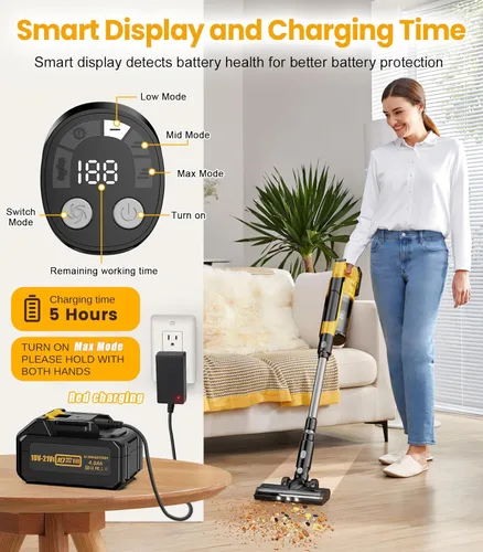 Miniatura 6 de qimedo V1 - Aspiradora inalámbrica con batería adicional de 8000 mAh, aspiradora sin escobillas de 700 W para el hogar, aspiradora eléctrica 6 en 1