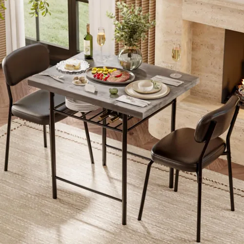 VINGLI Dining Table Set for 2, Small Kitchen Table Set with Upholstered Chairs, 3-Piece Dining Set with Storage Rack, Wood Dining Room Set with