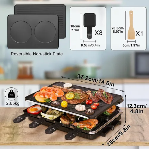 Miniatura 7 de Parrilla de Mesa Raclette, Parrilla Interior para Barbacoa Coreana Eléctrica Plancha Eléctrica 2 en 1 Antiadherente con 8 Bandejas para Queso