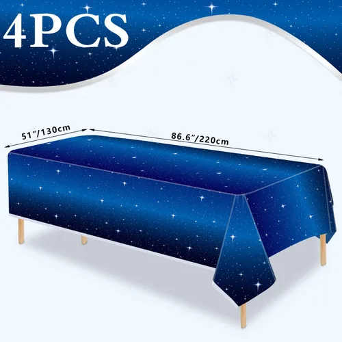 Miniatura 7 de Juego de 4 manteles de noche estrellada – Mantel rectangular de plástico de 86 x 51 pies, cubierta de mesa temática espacial – Suministros
