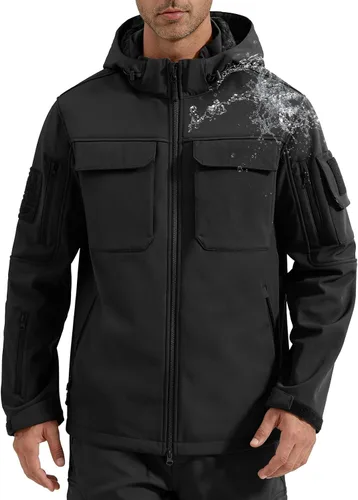 Miniatura 17 de FREE SOLDIER Chaqueta impermeable Softshell con forro polar para hombre, chaqueta táctica militar con capucha rompevientos