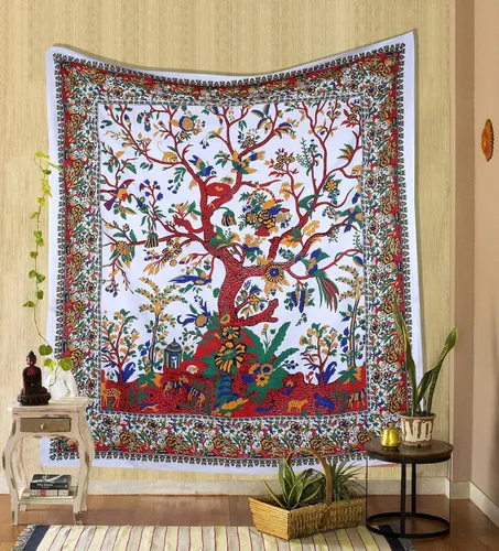 The Art Box - Tapiz para colgar en la pared Árbol de la Vida Blanco – 85x90 Pulgadas, de algodón indio, gran diseño de planta inspirada en el