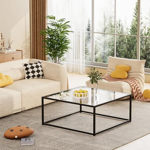 Miniatura 6 de Mesa de Café de Vidrio Negro para Sala de Estar, Mesas de Café Cuadradas para Espacios Pequeños, Mesas Centro Modernas de Té y Cóctel Simples, Mesas
