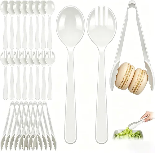 Miniatura 11 de Juego de 24 utensilios de plástico beige para servir, cucharas, tenedores y pinzas desechables resistentes (8 de cada uno), suministros de catering
