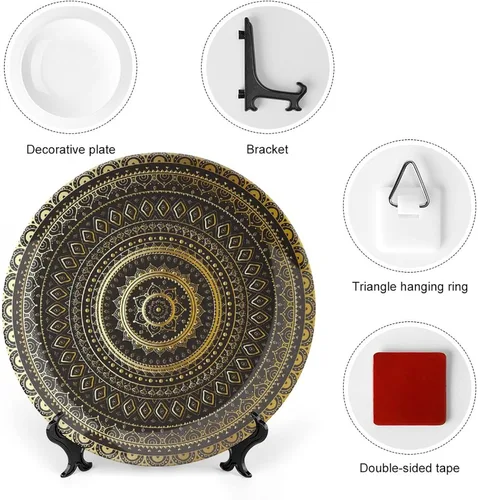 Miniatura 3 de XISUNYA Plato decorativo de 6 pulgadas, porcelana redonda de mandala dorada, plato de exhibición de estampado floral indio oriental para mesa