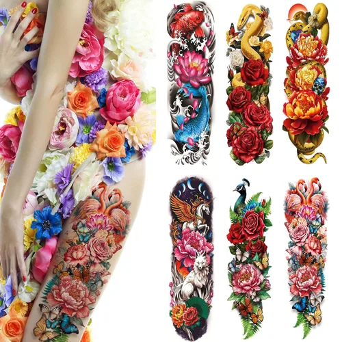 Kotbs 6 hojas de tatuajes temporales de brazo completo, diseños florales realistas impermeables, serpiente, peonía, mariposa, tatuajes falsos para