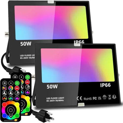 MELPO Luz de inundación LED equivalente a 500 W, luces LED RGBW para exteriores, reflector de colores con control remoto, 50 W, 169.1 fl oz, 2700 K,