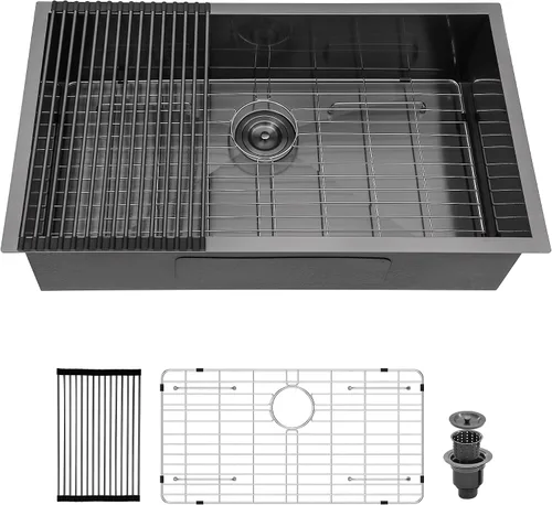 Miniatura 33 de Logmey Fregadero de cocina de montaje inferior de 33 pulgadas 33x19 Fregaderos de acero inoxidable SUS304 calibre 16 hechos a mano de un solo