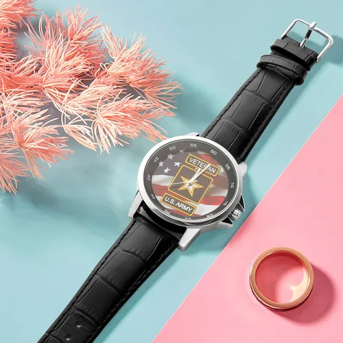Miniatura 7 de Diseño especial Militar Ejército de los Estados Unidos Veterano y Bandera Americana Personalizada Unisex Acero Inoxidable Correa de Cuero Reloj Caja