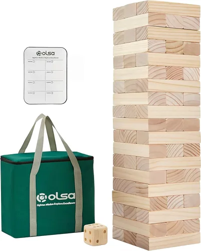Olsa Torre Gigante Tumble Tower de 57 Piezas de Bloques de Madera Apilables Juegos de Patio con Bolsa de Transporte Juego Clásico de Interior y