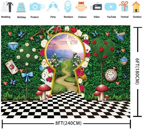 Miniatura 6 de Telón de fondo para fotografía del país de las maravillas para decoración de fiesta de té, 8 x 6 pies, cuento de hadas, castillo, conejo, hoja