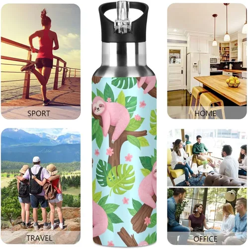 Miniatura 5 de Insulated Water Bottle 32 Oz, Leakproof Water Bottles for Gym Outdoor Travel School, Cute Pink Sloths Green Leaves