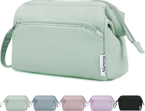 Miniatura 19 de Narwey - Bolsa grande de maquillaje con cremallera de apertura completa, organizador de cosméticos de viaje para mujeres y niñas, Azul grisáceo.