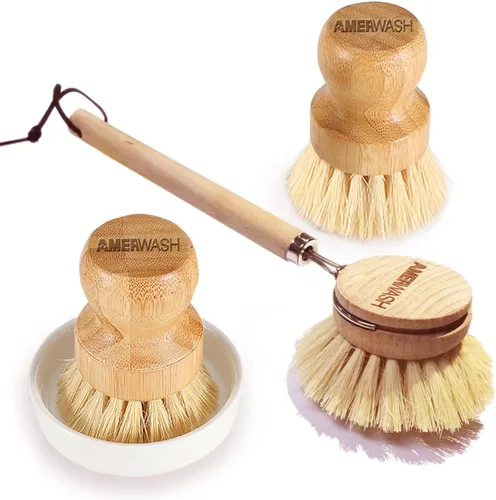Miniatura 8 de AMERWASH PLUS Cepillo para platos con mango de madera, cepillo de cocina natural para platos, verduras, ollas y sartenes, limpiador de cerdas