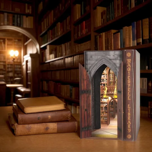 Miniatura 5 de Dolphin Island Kit de Rincón de Libros DIY para Adultos, Biblioteca de Hechizos Mágicos Infinitos Booknook con Ilusión de Llama