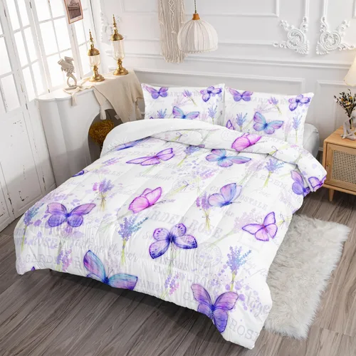 Miniatura 3 de Juego de edredón de mariposa tamaño individual para niñas, niños y adultos, juego de ropa de cama con patrón de flores de lavanda, juego de cama