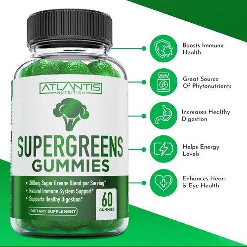 Miniatura 2 de Atlantis Nutrition Supergreens Gomitas - Suplemento diario de superalimentos verdes con espinacas, brócoli, moringa, remolacha, apio, té verde