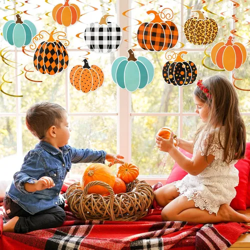Miniatura 5 de AnyDesign Kit de decoración de remolinos colgantes de calabaza, 36 piezas, serpentinas colgantes de otoño con adornos de cartón recortado