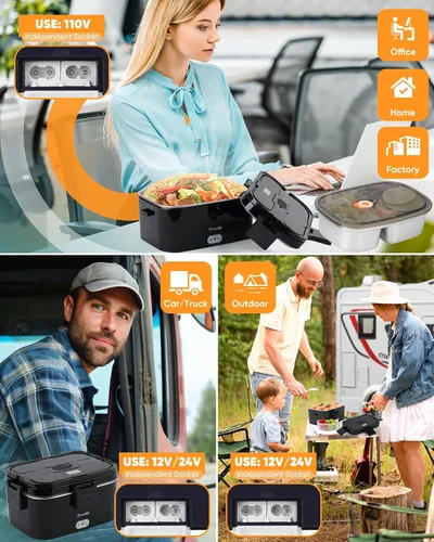 Miniatura 2 de Eocolz Fiambrera eléctrica calentador de alimentos de 100 W, calentador de alimentos con doble contenedor, 1.8 L, lonchera portátil con calefacción