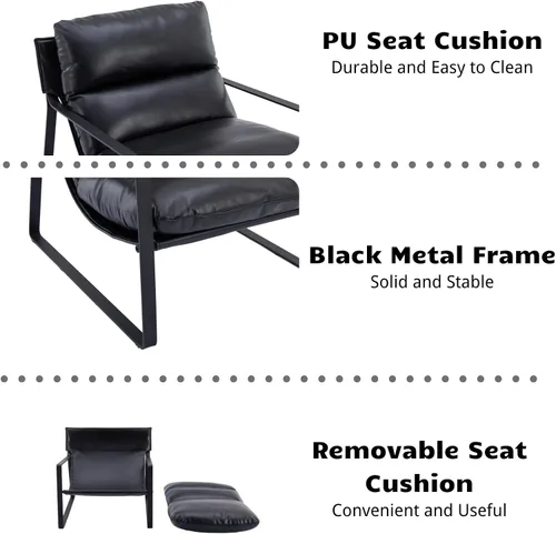 Miniatura 5 de HEAH-YO Juego de 1 silla moderna de piel sintética con cojín extraíble y marco de metal sólido, cómoda silla de lectura para dormitorio, color negro