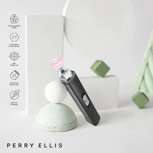 Miniatura 6 de Perry Ellis Lima de uñas eléctrica inalámbrica con luz LED, mango recargable por USB con 5 cabezales intercambiables, taladro eléctrico para uñas