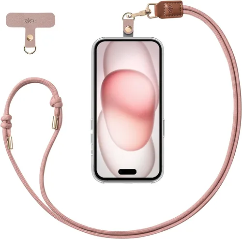 EKAX Cordón para teléfono, 1 correa cruzada personalizable para el cuello, 1 pestaña de piel sintética extraíble, soporte manos libres para Rosa