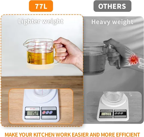 Miniatura 4 de 77L Vaso medidor de vidrio, 1 1/4 taza/10.1 fl oz, taza medidora con mango y boquilla en forma de V, vaso de vidrio con tres escalas (OZ, taza, ML)