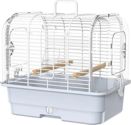 Jaula portadora de aves de viaje, jaula transparente para periquitos, pequeña jaula portátil para pájaros con tazas alimentadoras y pie para
