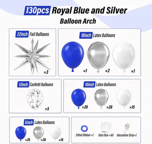 Miniatura 2 de FOTIOMRG Kit de arco de guirnalda de globos azul real y plateado de 131 piezas, globos azul real blanco plateado de confeti para decoraciones