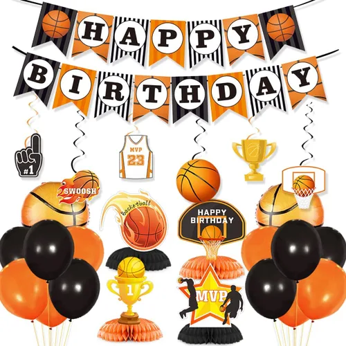 Decoraciones de cumpleaños de baloncesto, lindo cartel de feliz cumpleaños con temática deportiva, suministros divertidos para fiesta de niño y niña