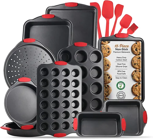 Miniatura 10 de Eatex Juego de bandejas antiadherentes para hornear, juego de 2 bandejas para hornear con asas de silicona, hojas de acero al carbono para hornear
