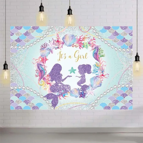 Miniatura 4 de MEHOFOND Telón de fondo para baby shower con tema de sirena de 8 x 6 pies para niñas, con texto en inglés "It's a Girl", fondo de fotografía de baby