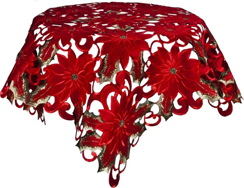 Miniatura 2 de Linens, Art and Things Mantel cuadrado pequeño bordado con diseño de flores de pascua rojas, diseño de flores de pascua rojas, hojas verdes, 33