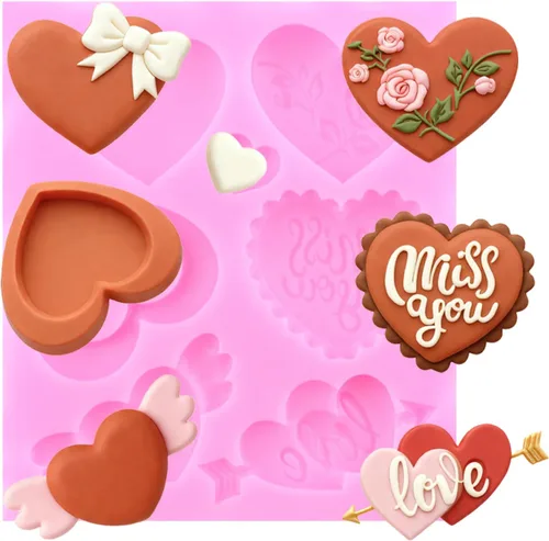 Miniatura 4 de Mujiang Moldes de silicona para el día de San Valentín, diseño de corazón y rosa, para caramelo de chocolate XOXO, para decoración de pasteles