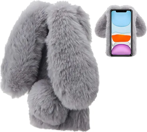 Miniatura 11 de LCHDA Funda de conejo para iPhone 13 de 6.1 pulgadas, lindas orejas de conejo 3D, bola de pelo suave y peluda, cálida de piel sintética, esponjosa