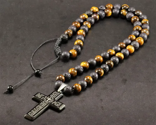 Miniatura 2 de Cross Necklace & Natural Tiger Eye Black Lava Gemstone Protection Beaded Long Macrame Adjustable Necklace Gift For Men's Christmas Gift