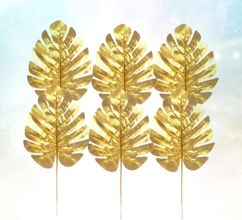 Miniatura 7 de GANAZONO 12 hojas de tortuga artificiales doradas con varilla, hojas de Monstera de seda para decoración del hogar y fiestas, 15.55 x 7.87 pulgadas