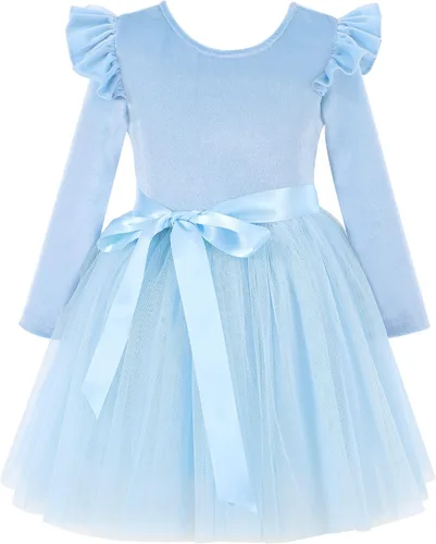 Flofallzique Vestido de terciopelo para niñas pequeñas, con volantes, de manga larga, vestido de tul de princesa para fiesta de cumpleaños, de 1 a