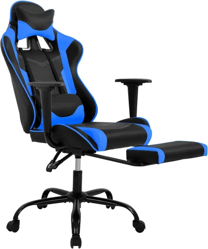 Silla de juegos con reposapiés y soporte lumbar, silla reclinable de altura ajustable con respaldo alto para adultos, giratoria 360, color azul