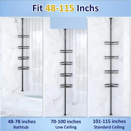 Miniatura 5 de Esquina esquinera para ducha, 4 niveles ajustables de 48 a 115 pulgadas, ajustable, a prueba de óxido, poste de tensión, estante de baño de pie