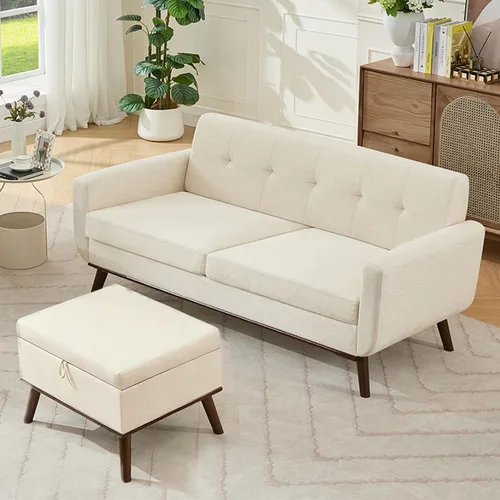 Kingfun Juegos de muebles de sala de estar, estándar y otomano, sofás de decoración moderna de mediados de siglo, muebles tapizados con botones,