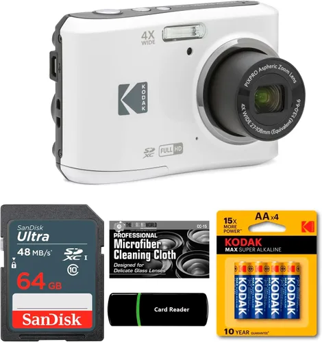 Kodak PIXPRO FZ45 - Cámara digital de 16 MP con zoom óptico 4X de 1.063 in gran angular 1080P Full HD Video 2.7 pulgadas (blanco), tarjeta y lector