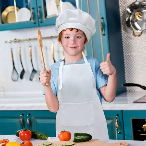 Miniatura 5 de SUNLAND Juego de delantal y gorro para niños, delantal de chef para niños para cocinar, hornear y pintar Blanco