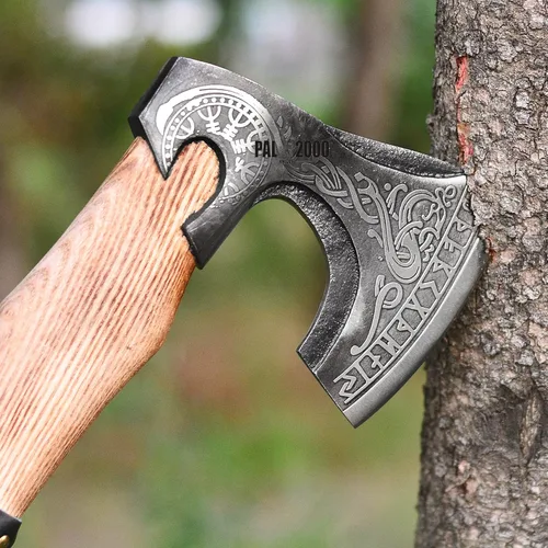 Miniatura 6 de AX-3016 Hacha vikinga de acero al carbono forjada con eje de madera de fresno - Hacha de camping barbuda vikingo
