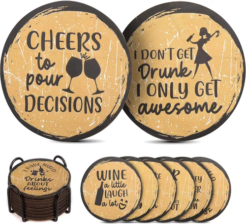 Miniatura 5 de Divertidos posavasos para bebidas, juego de 8 con soporte, base de corcho absorbente para protección de mesa, hechos de madera de ingeniería, ideal