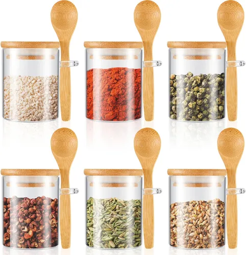 Tessco for you Paquete de 6 tarros de vidrio para especias de 6 onzas con tapas de bambú y cucharas de madera, recipientes de almacenamiento