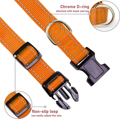 Miniatura 3 de Collar de perro reflectante con hebilla ajustable de nailon, collares de seguridad para perros pequeños, medianos y grandes, color naranja XXS