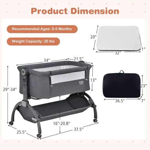 Miniatura 8 de BABY JOY Cuna de bebé, Cuna mecedora 3 en 1 con cesta de almacenamiento, diseño de doble bloqueo, 7 alturas ajustables, colchón suave y bolsa de Gris